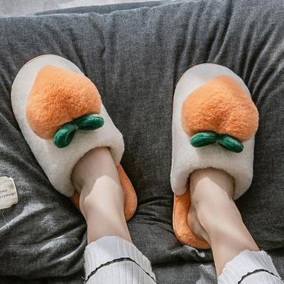 Soundproof furry indoor slippers, living room footwear in peach color, winter office slippers